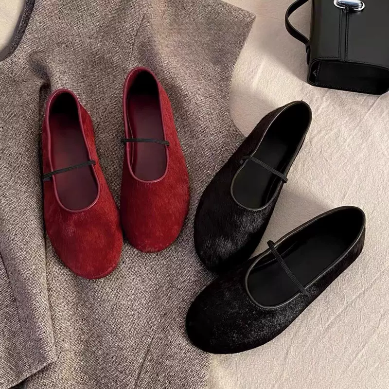 高级马毛浅口红色平底单鞋女春季新款时尚百搭一字带玛丽珍鞋外穿