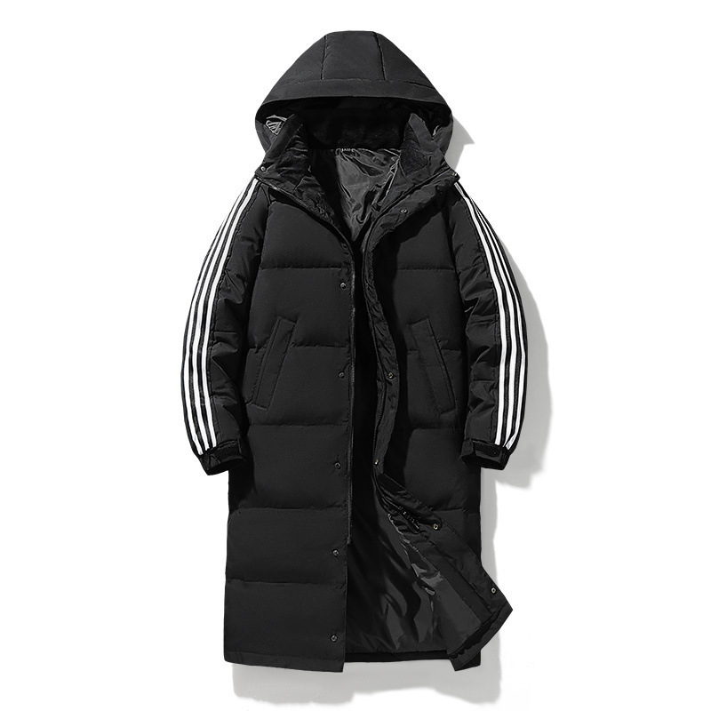 [High Velvet] Adi's Down Jacket with Three Bars Live Explosions Long Hooded Jacket Couple Thickened Warm