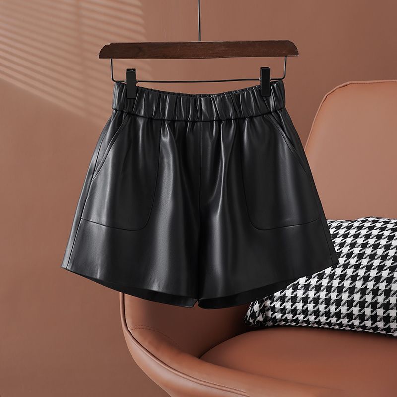 2025 Autumn and Winter New Leather Pants Women's High Waist Slim Casual Pants Soft Pu Leather Personalized Loose Wide Leg Shorts Women