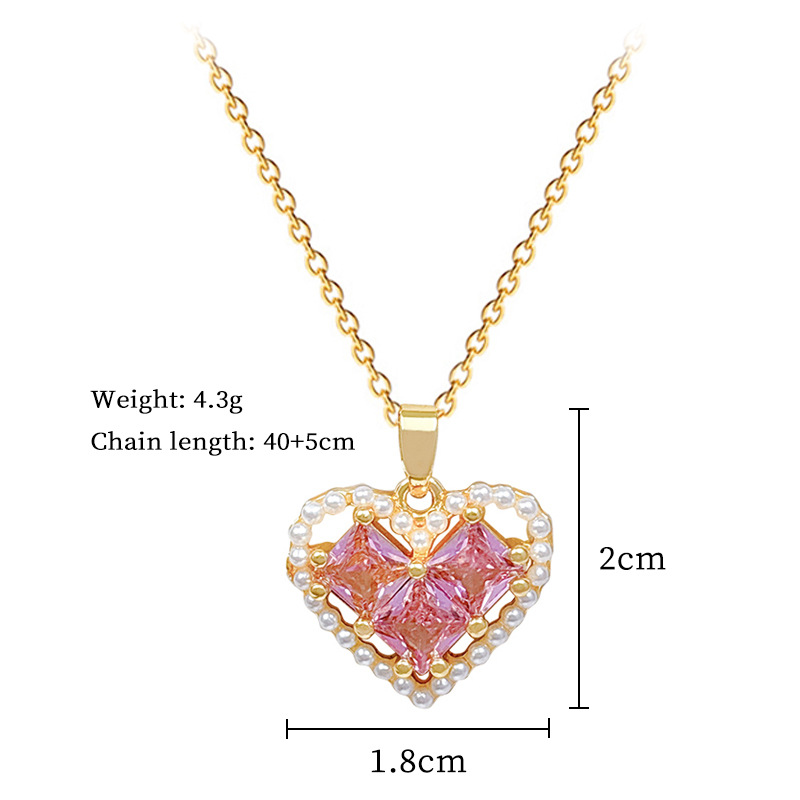 Perlen-Halskette in Herzform mit pfirsichfarbenem Anhänger, elegant und stilvoll, mit Diamanten besetzt, vielseitige Schlüsselbeinkette aus Titanstahl_voghion.com