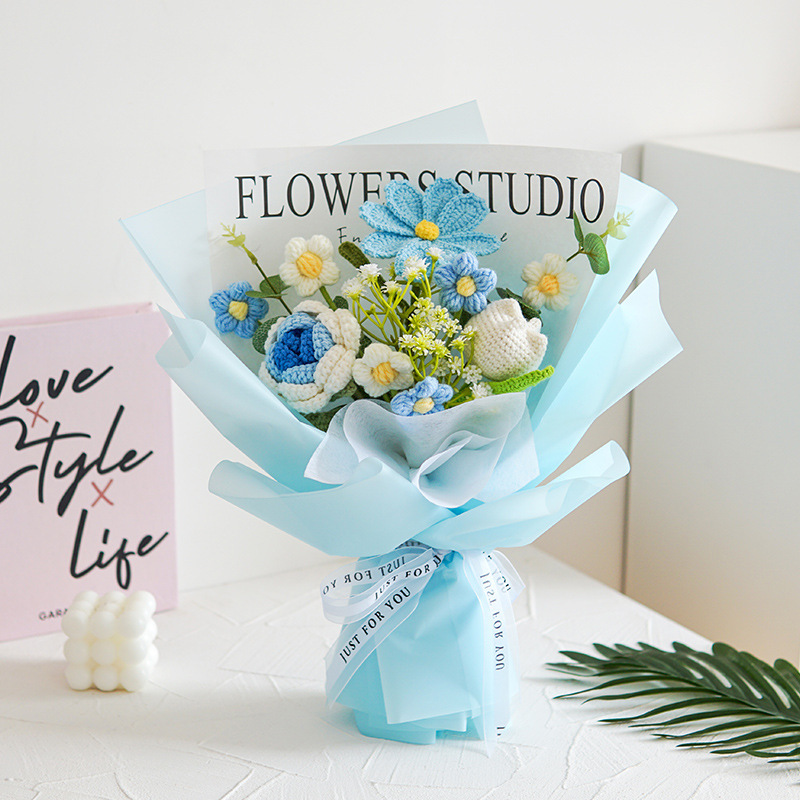 Día del maestro hecho a mano un ramo de girasoles mezclar y combinar imitación de lana crochet tulipán adornos de mesa