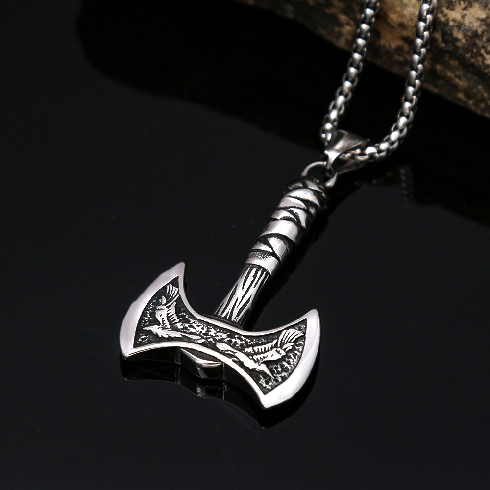 Men's hip-hop fashion stainless steel necklace Viking personality double-sided axe pendant jewelry for women_voghion.com