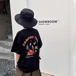 棉童装男童露营短袖T恤2024新款儿童半袖宝宝夏款印花上衣洋气潮