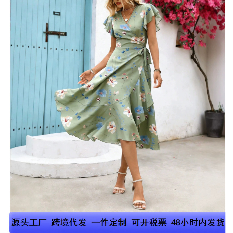 2026 Amazon Independent Site Best-Selling Printed Ruffled Short-Sleeved Dress V-Neck Cardigan Floral Skirt Women's Dress