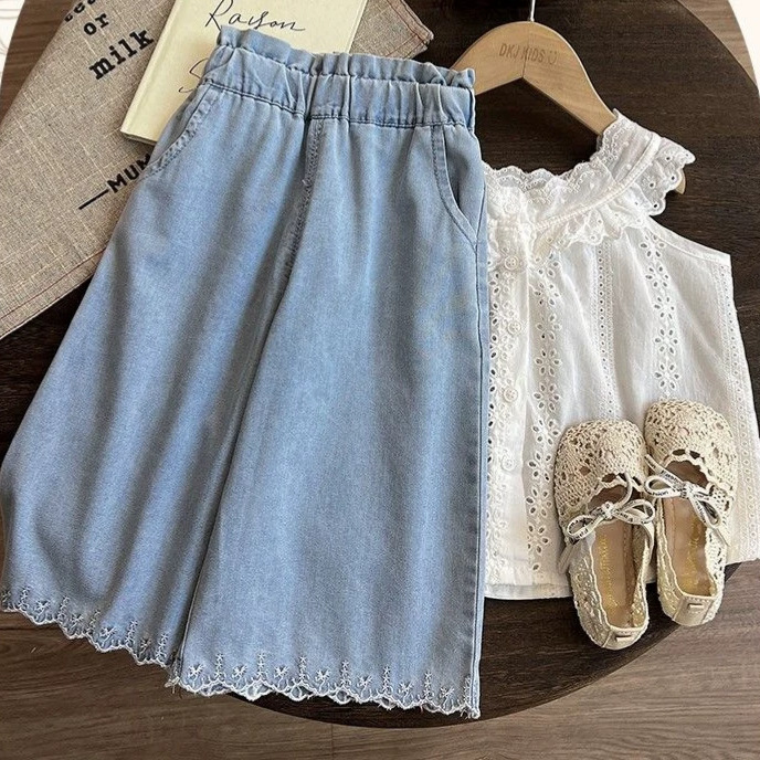 2026 nuevos pantalones largos de niñas jeans delgados de verano para niños pequeños y medianos niños extranjeros pantalones jeans de piernas anchas de niñas image 3