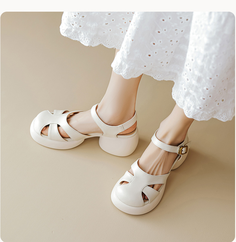 Sandal gót thô da cừu bít mũi phong cách La Mã đế dày quai ngang hở gót — Màu vàng ngỗng chi tiết 4