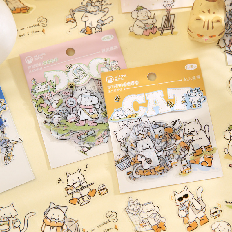 Papel Sr. Bolsa de pegatinas, zapatos de lluvia para gatos y perros, serie de líneas lindas, decoración de tela de mano, bolsas de pegatinas de película cortadas