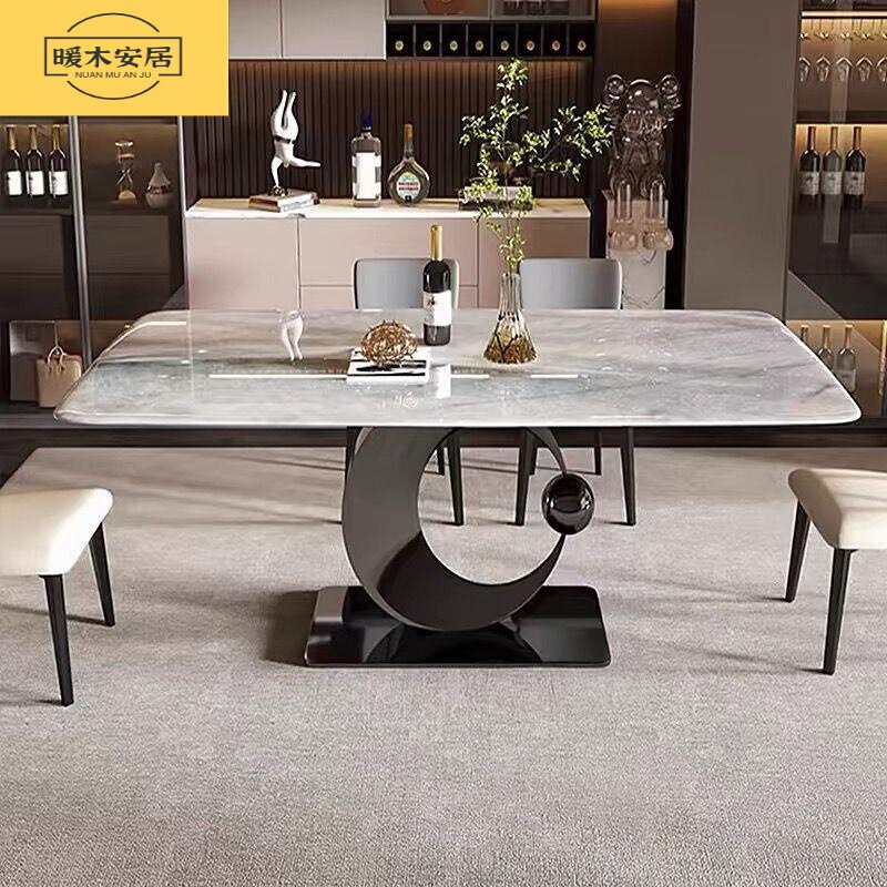 Luxurious Ultra-Crystal Stone Dining Table, Italian-Style Light Luxury Rectangular Dining Table and Chair Set, Household Carbon Steel Frame Slate Dining Table Luxurious Ultra-Crystal Stone Dining Table, Italian-Style Light Luxury Rectangular Dining Table and Chair Set, Household Carbon Steel Frame Slate Dining Table