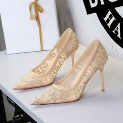 1788 European and American style hollow out super high heels for women, pointed shallow mouth banquet high heels, floral slim heels, lace single shoes for women