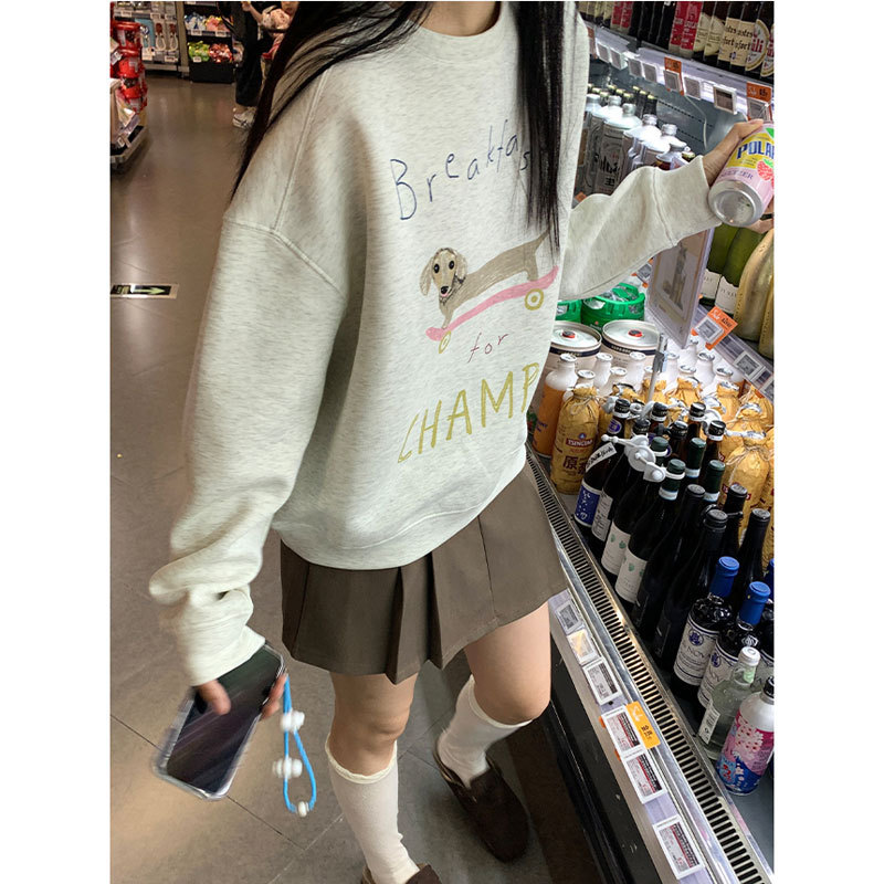Top Puppy Printed Lazy Style American Pullover Cute Round Neck Thin Casual Sweatshirt Women's Spring and Autumn