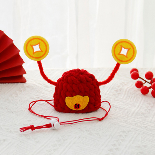 Festive red pet handmade New Year God of Wealth Hat Lucky Cat Ornaments Dog New Year Photos Pet New Year Hat