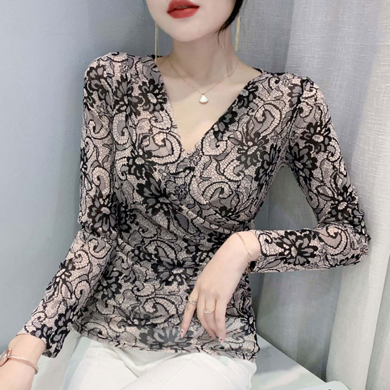 European Style Vintage Mesh Base Shirt for Women, Cross V-Neck Long Sleeve Slim-Fit Dance Top, New Spring Model