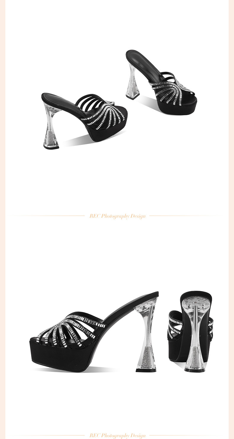 Sandal cao gót nữ hở mũi đính pha lê, gót 9 cm, đế platform, mũi tròn — đen chi tiết 12