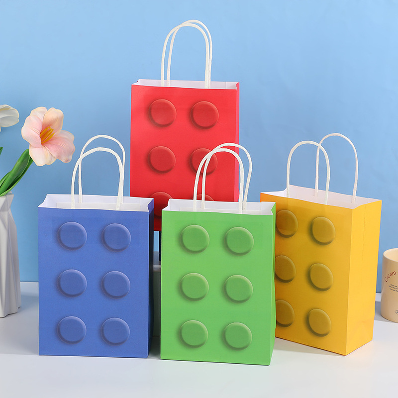 New Candy Color Building Blocks Tote Bag Shopping Mall Kraft Paper Bag Takeaway Bag Cartoon Hand Gift Bag