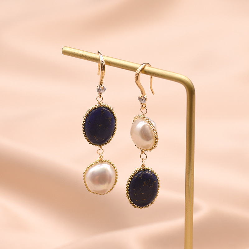 Perla de alta sensación de agua dulce perlas pendientes asimétricos temperamento retro joyas lapislázuli al por mayor natural