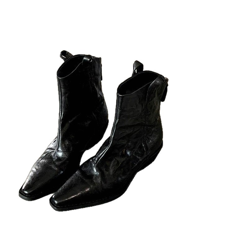 牛革バージョン～本革レトロプリーツスクエアトゥウエスタンカウボーイブーツミッドカーフナイトブーツレディース太ヒールマーティンオールマッチ