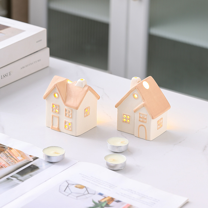 Ceramic Hollow Small House Candlestick Ornaments Holiday Night Lights Candlestick Desktop Decorations Nordic Town American Style