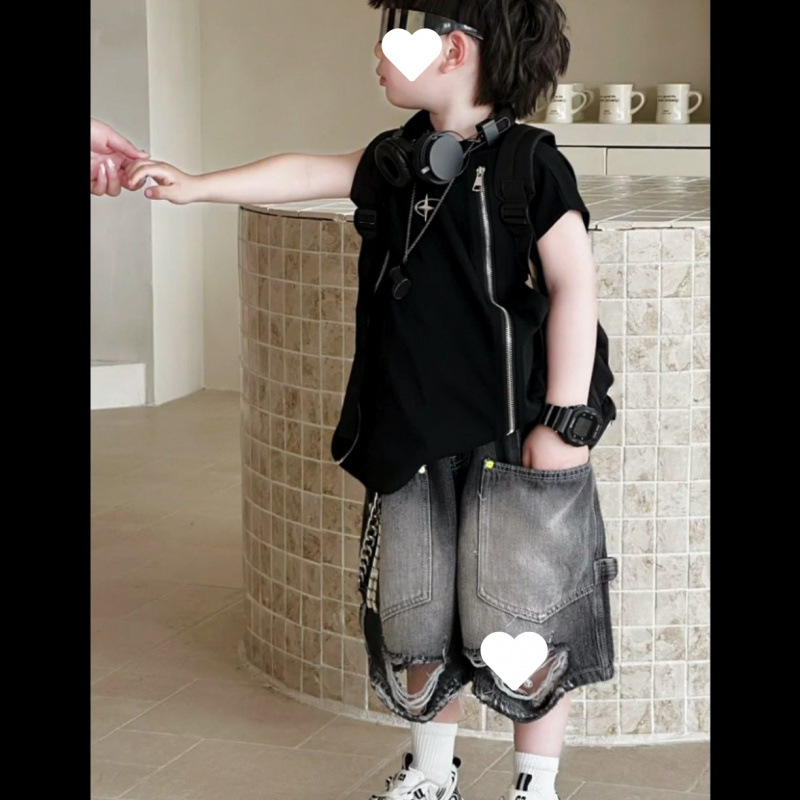 블랙 지퍼 조끼 + 체인 찢어진 청바지