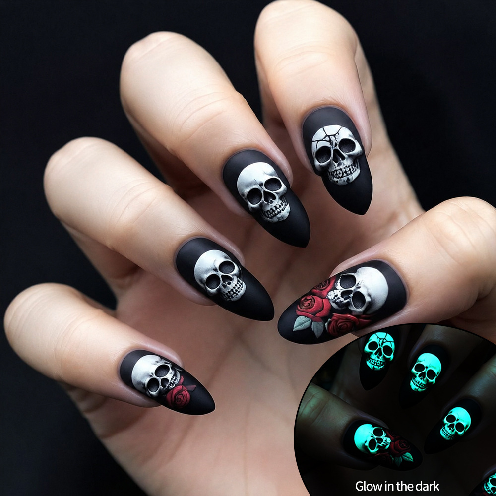 Manicure pieza de uñas usable Halloween esculpe negro brillo oscuro viento negro almendras uñas rosas usadas uñas falsas