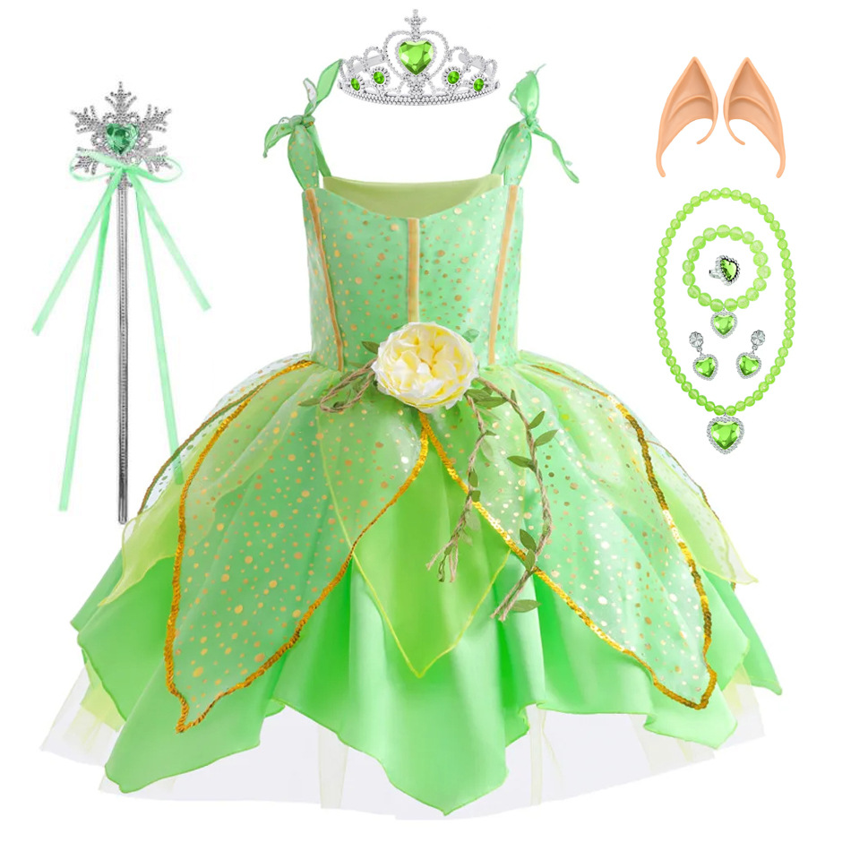 Halloween Children Tinker Bell Luxury Skirt Little Elf Girl's Green Fairy Skirt Christmas Dress Dress