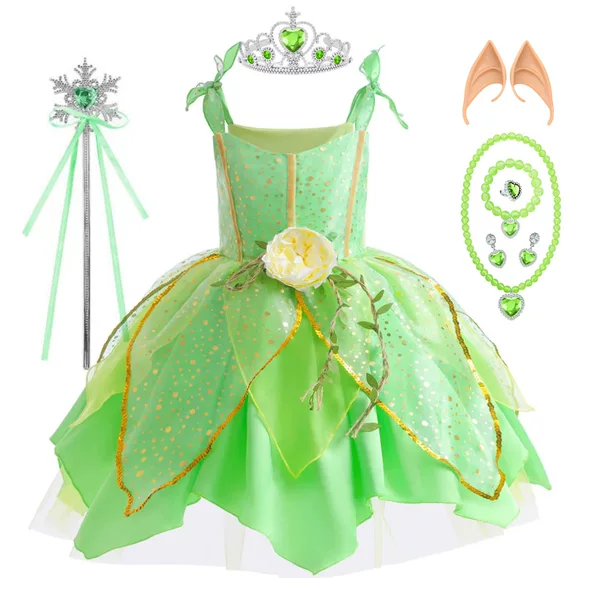 Halloween Children Tinker Bell Luxury Skirt Little Elf Girl's Green Fairy Skirt Christmas Dress Dress