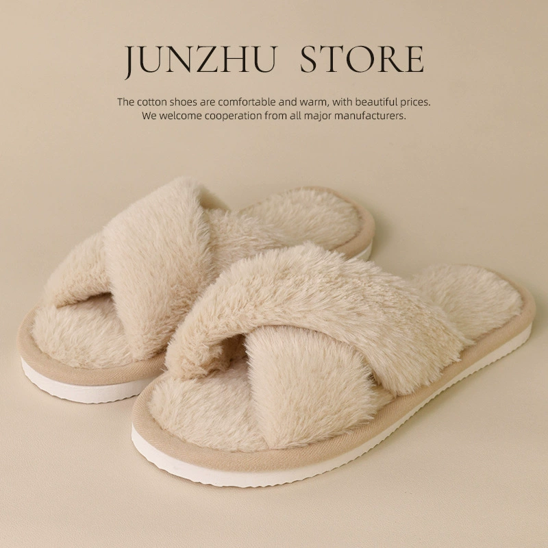 Трансграничные модные тапочки с перекрестными вырезами для весны и осени, нескользящие, на плоской подошве, плюшевые, простые, с открытым носком, пушистые, для домашнего использования.
