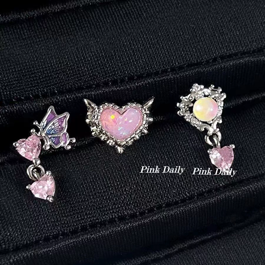 Серьги винтовые Pink Daily, титановая сталь, розовое опаловое сердце, бабочка и «кошачий глаз»