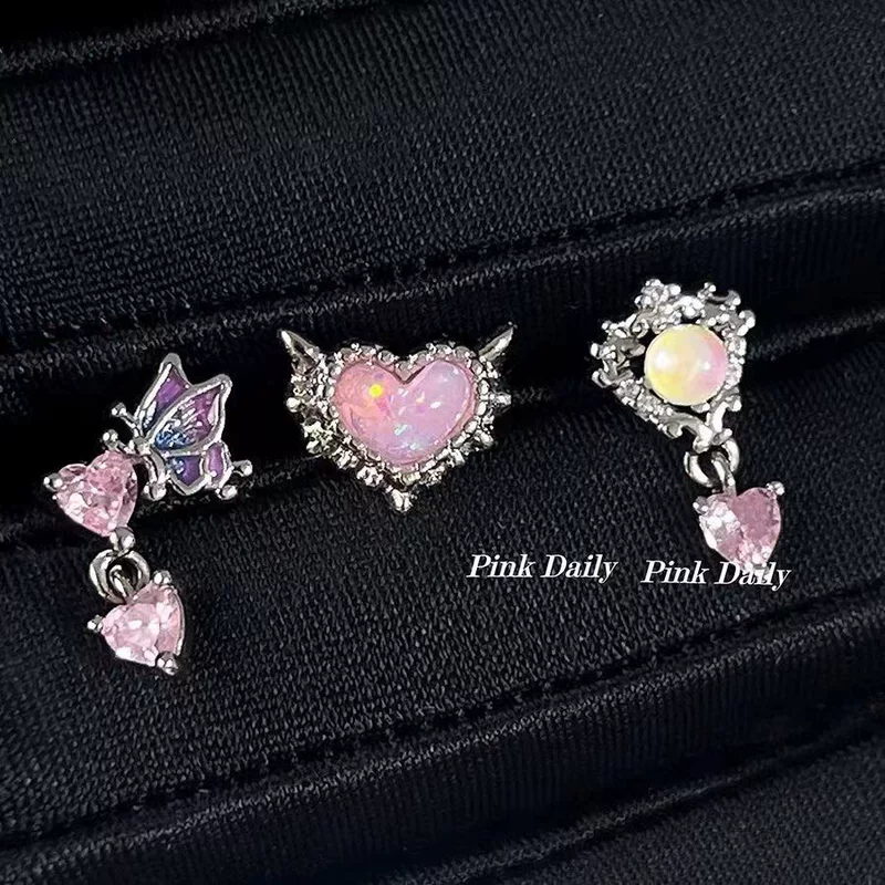 Серьги винтовые Pink Daily, титановая сталь, розовое опаловое сердце, бабочка и «кошачий глаз»