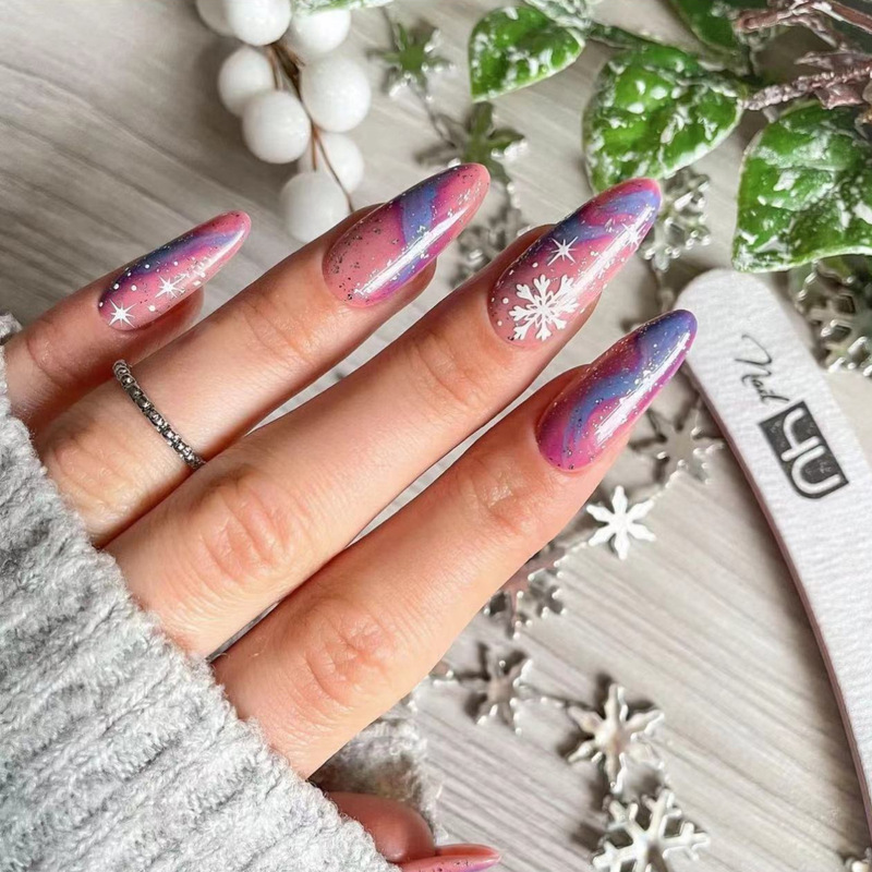 Galaxy magic color Aurora almond nail piece winter snowflake starry sky design cross-border air Software nail pressing nail nail piece Galaxy magic color Aurora almond nail piece winter snowflake starry sky design cross-border air Software nail pressing nail nail piece