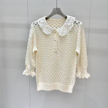 南油高端精品女装镂空花边领喇叭中袖针织衫毛衣名媛气质减龄优雅