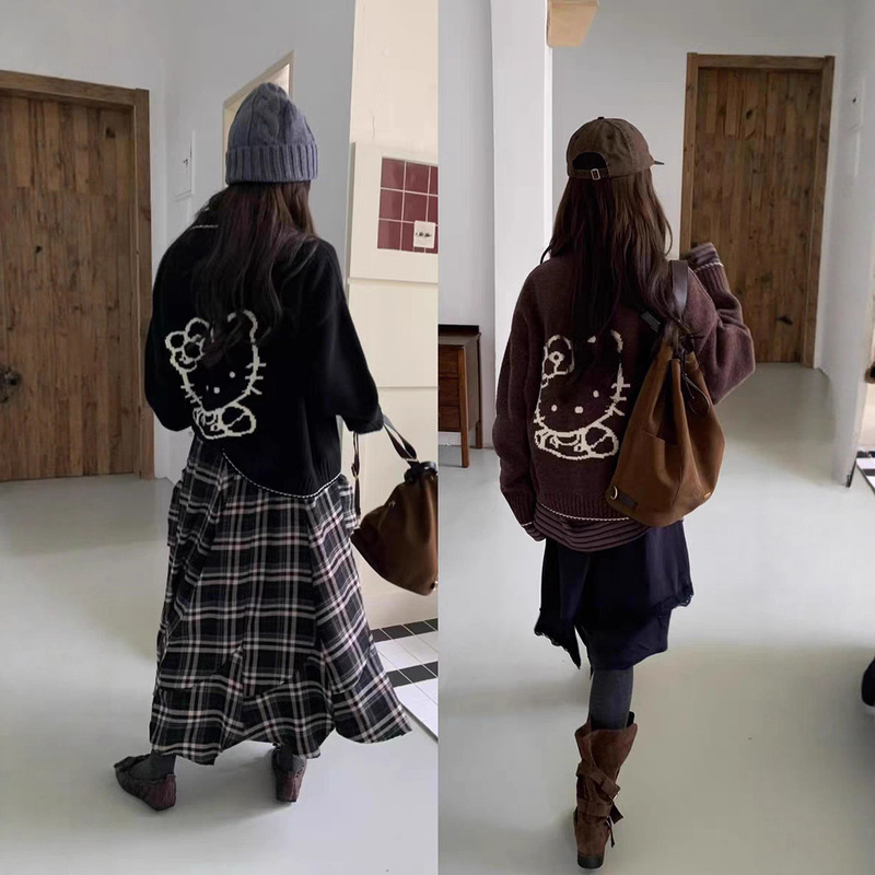 2025韩版秋季新款减龄卡通提花翻领毛衣女慵懒风小猫宽松针织开衫|undefined