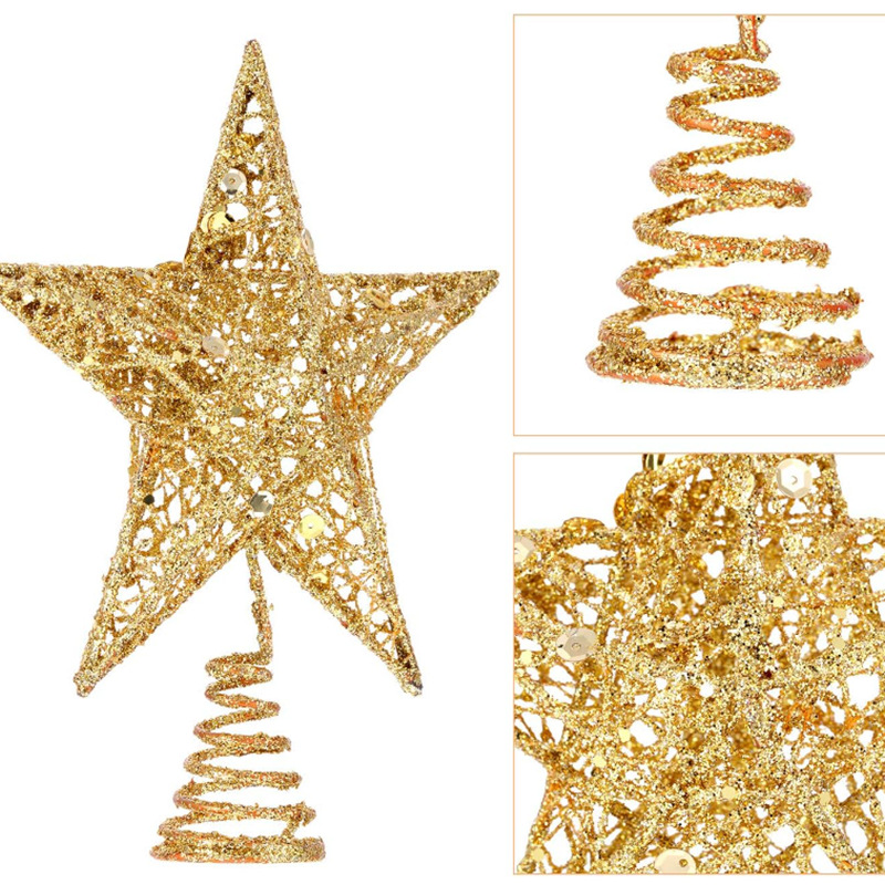 Estrella de cinco puntas brillante de plástico para la cima del árbol, adornos y colgantes navideños pequeños
