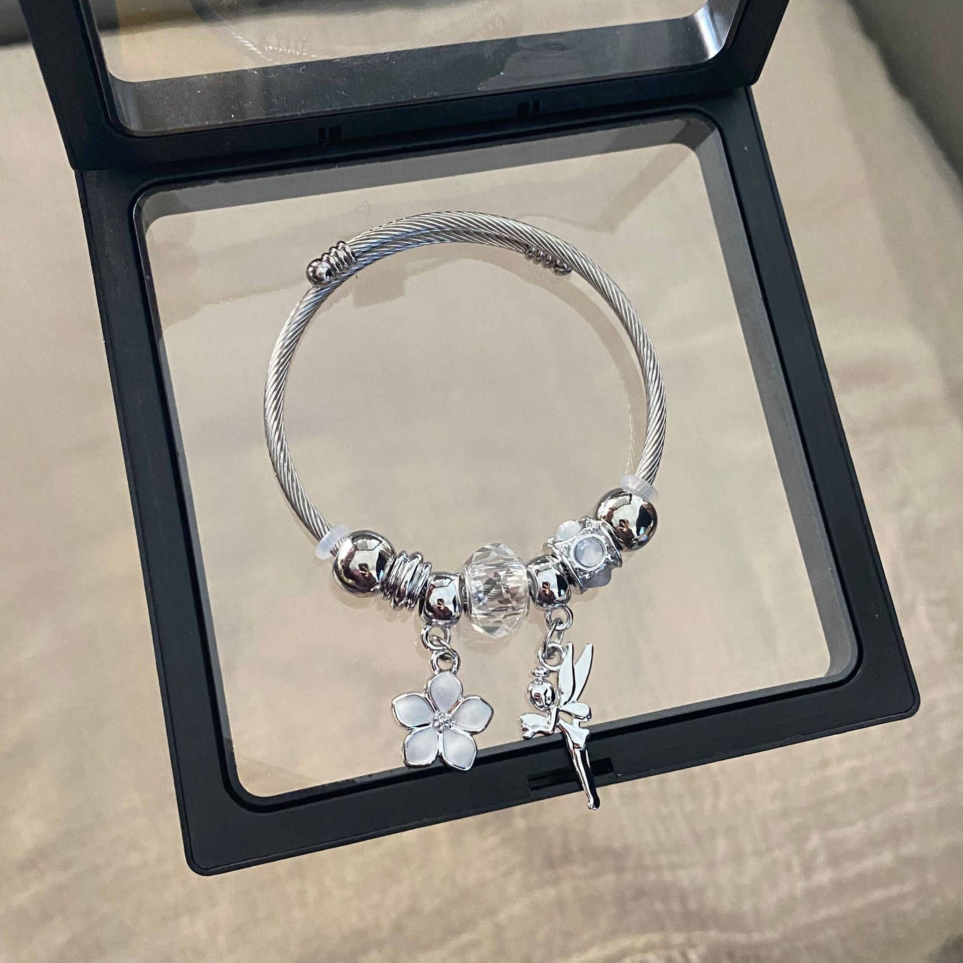 Pulsera de Acero Inoxidable Panjia Dora con Corazón y Oso, Pulsera Abierta con Cuentas para DIY, Joyería de Estilo Fresco, Éxito de Ventas en Amazon