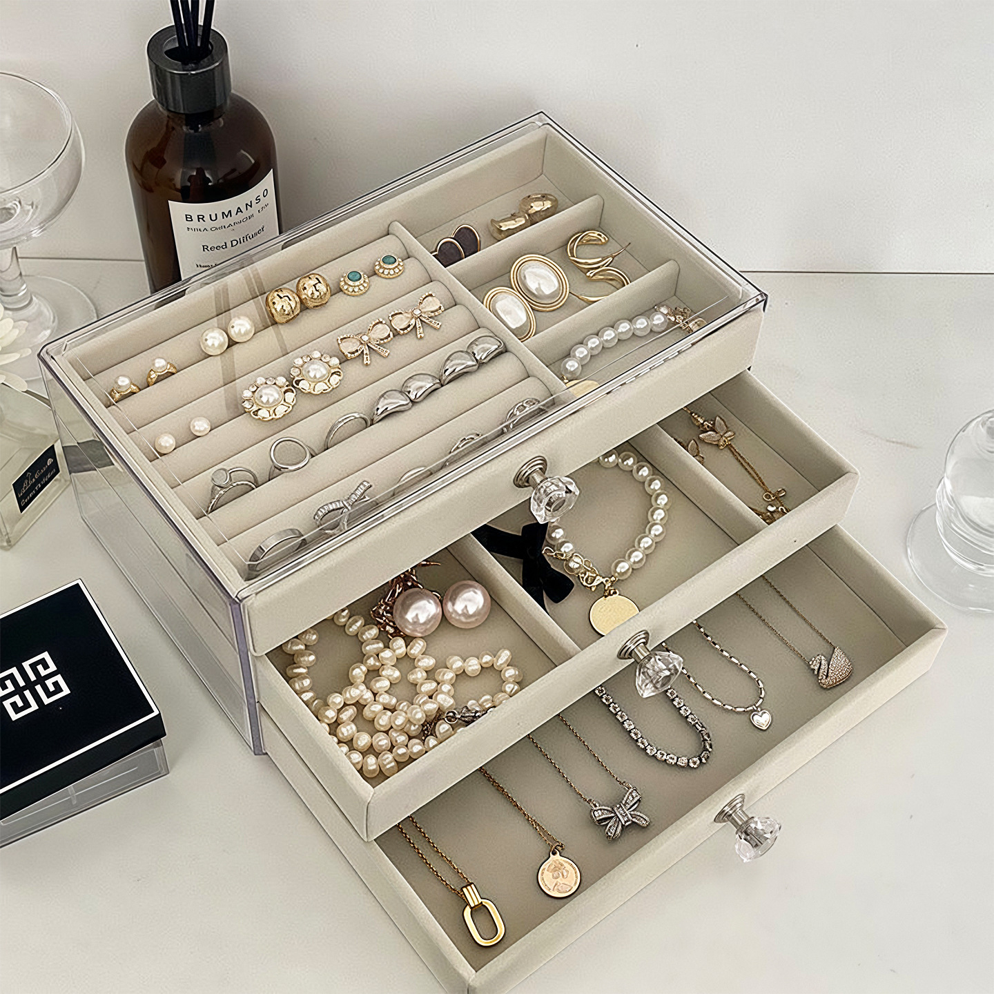 Multifunctional Velvet Jewelry Box, Earrings, Earrings, Necklaces, High-End Jewelry Box, Three-Layer Jewelry Box, Jewelry Storage Box