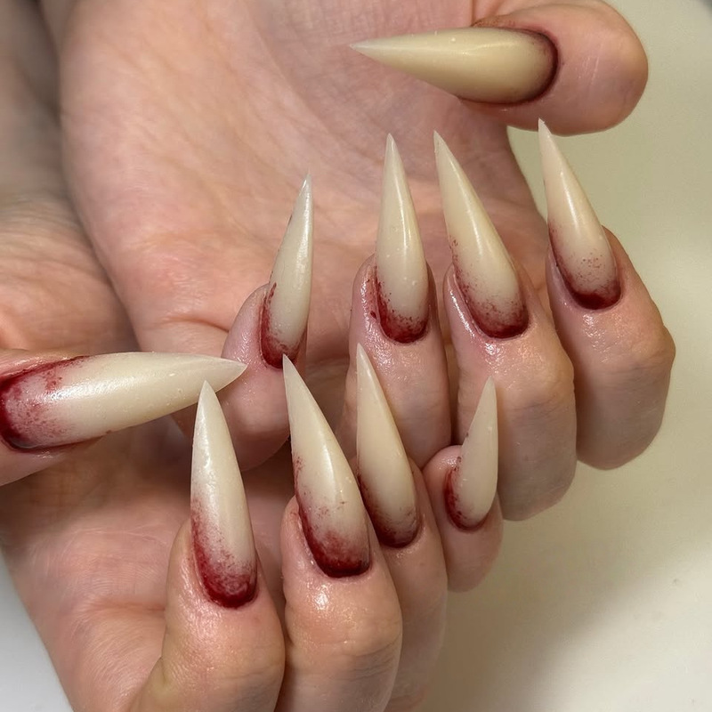 Wm-485 Blood-Stained Jade Long Pointed Nail Tips Halloween Bloodline Niche High-End 24-Piece Wearable Nail Tips Wholesale