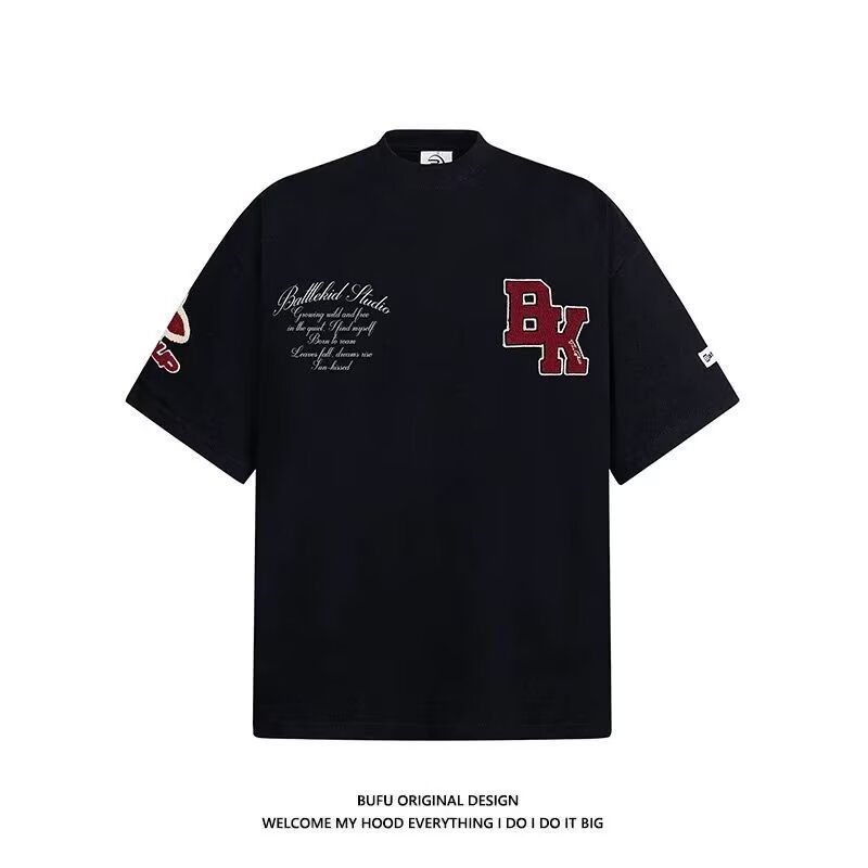 2025 トレンディなレトロアメリカンレター刺繍パーソナライズされたヘビーコットンルーズ Tシャツ男性と女性の半袖カップルトップス|undefined