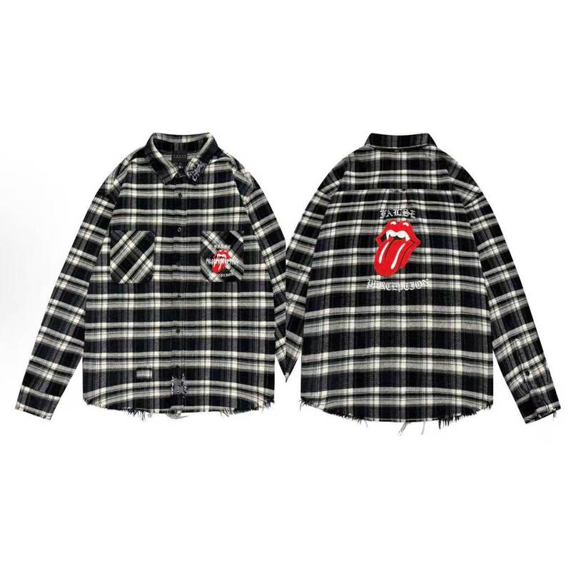 Trendy Brand False Perception 25Ss Japanese-Style Patchwork Blood-Tooth Embroidery Black Plaid Long-Sleeve Shirt