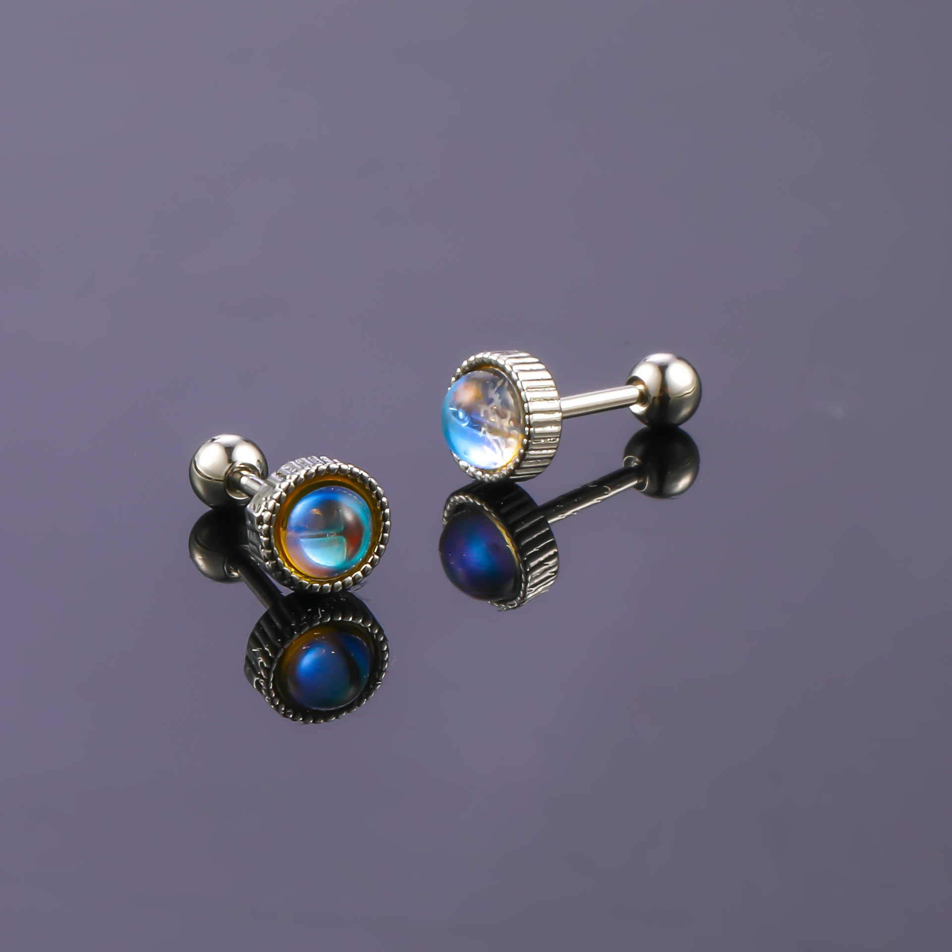 Cross-border E-commerce Stainless Steel 20G Piercing Jewelry, Stylish And Simple Men's Earrings, Round Moonstone Ear_voghion.com