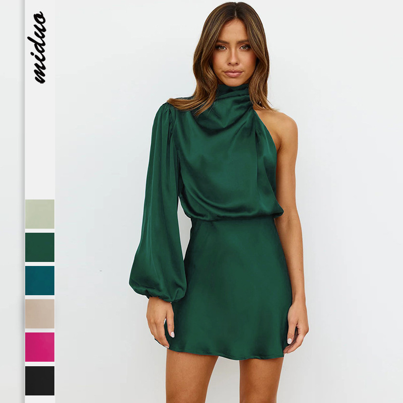 2025秋冬新品女装晚礼裙装外贸高级感缎面长袖单肩气质优雅连衣裙