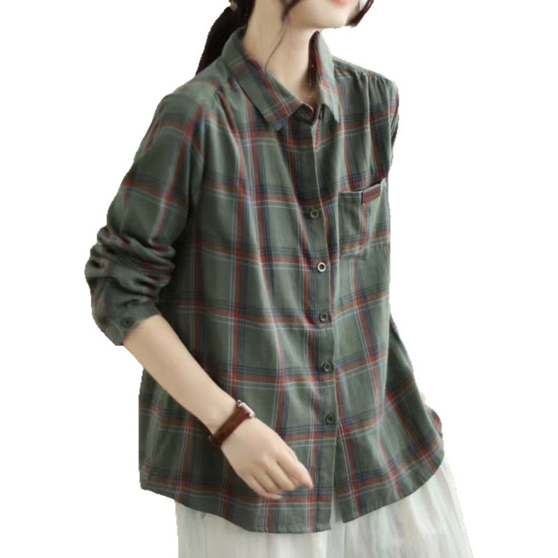 复古格子双层棉宽松衬衫女春秋新款休闲减龄叠穿衬衣长袖上衣|undefined