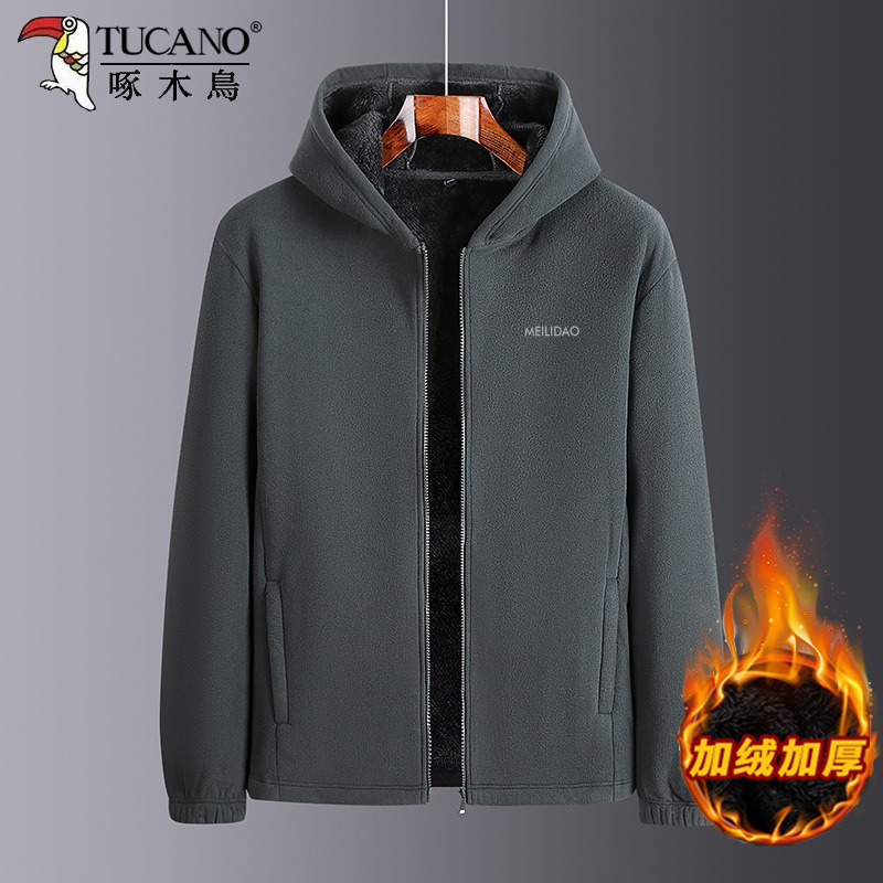 Woodpecker Double-Sided Polar Fleece Jacket Men's Autumn and Winter Middle-Aged and Elderly Fleece Sweatshirt Dad Fleece-Lined Thickeneded Jacket