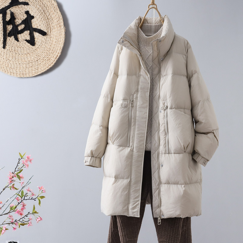 Women's Korean-style Solid Color White Duck Down Jacket with Vertical Collar Fashionable Casual Thickened Mid-length Warm 2024 Winter Jacket for Women