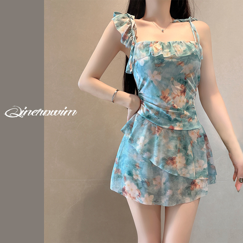 Damen-Badeanzug mit Blumenmuster und Rockshorts, konservativ, figurformend, bauchbedeckend, französischer Retro-Stil, ideal für heiße Quellen_voghion.com