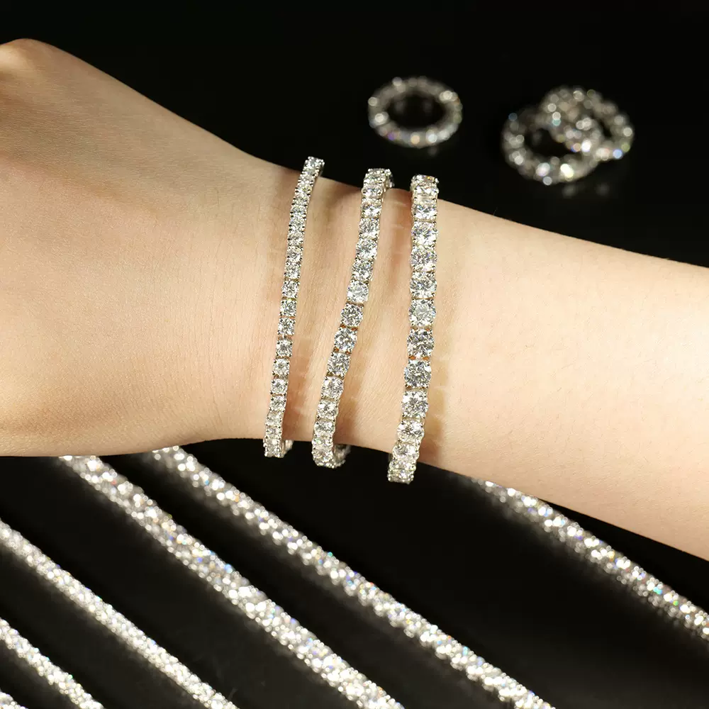 S925银镶嵌单排莫桑祼石手链镀金圆形网球链女款跨境手饰外贸首饰