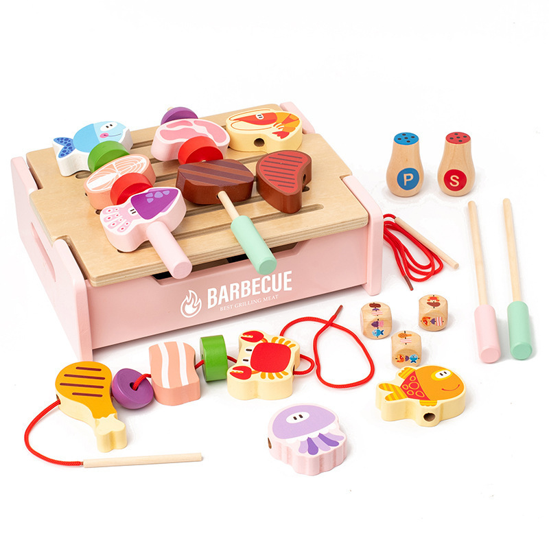 Parrilla de barbacoa de simulación de madera para niños, juego de pinchos de cocina de juguete, pinchos para niños y niñas, bloques de construcción de juegos image 9