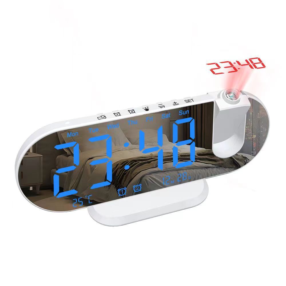 Nueva creativa espejo de pantalla grande reloj despertador digital moderno de temperatura y humedad radio FM luminosa casa reloj de proyección