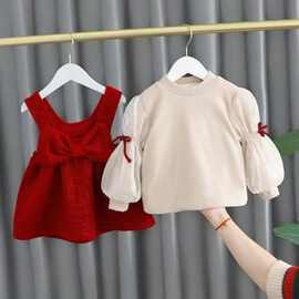 女小童兔子套装冬款女宝宝网加绒红连衣裙新年小女孩背带裙两件套