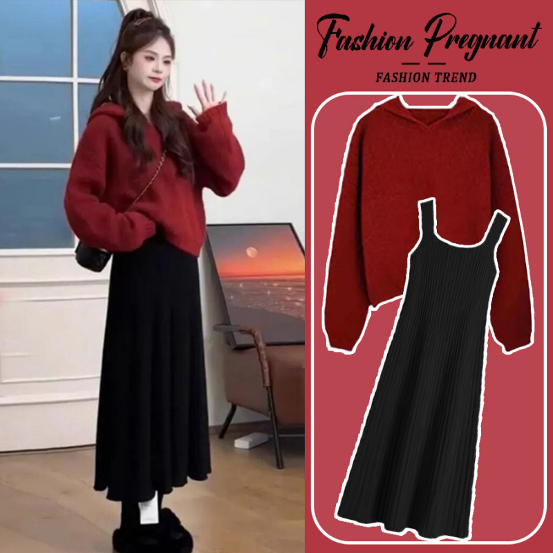 Maternity Wear Autumn Suit 2025 New Dress Knitted Sweater Pregnant Mother French Wear Half Skirt Autumn and Winter