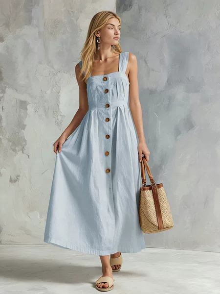 2026 Amazon Aliexpress Buttoned Strap Sleeveless Slim Fit Pocketed Flared Dress