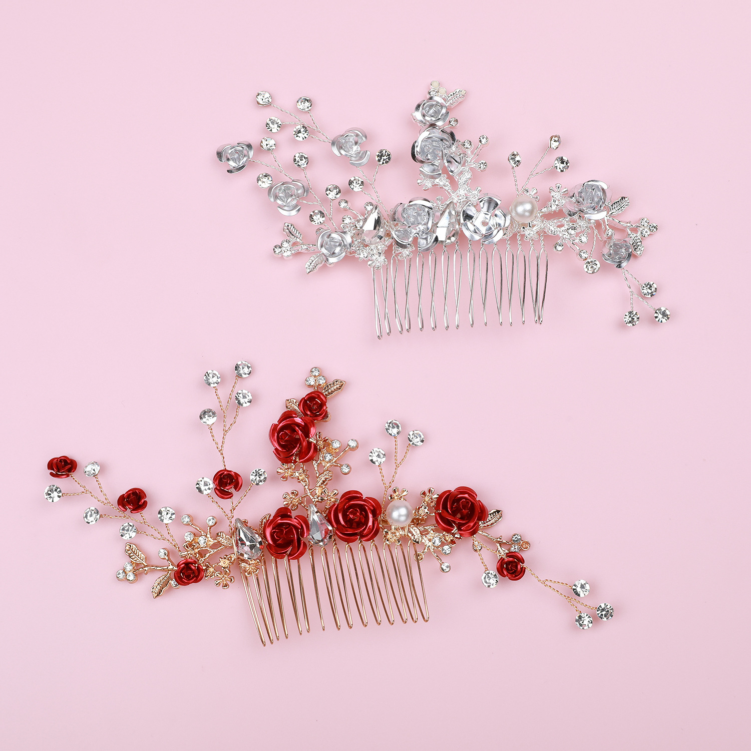 歐美跨境珍珠水鑽插梳鋁片花朵發梳古風秀禾漢服髮飾婚禮新娘頭飾